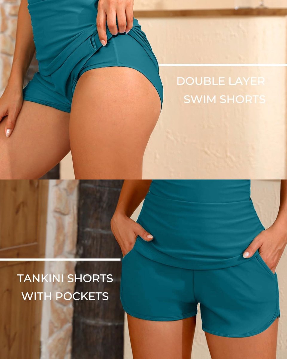 2-delig badpak voor dames, tankini, shorty, met zakken, elegant, V-hals, bikini, bovenstuk, bikini, hoge taille, afslankend, tankini