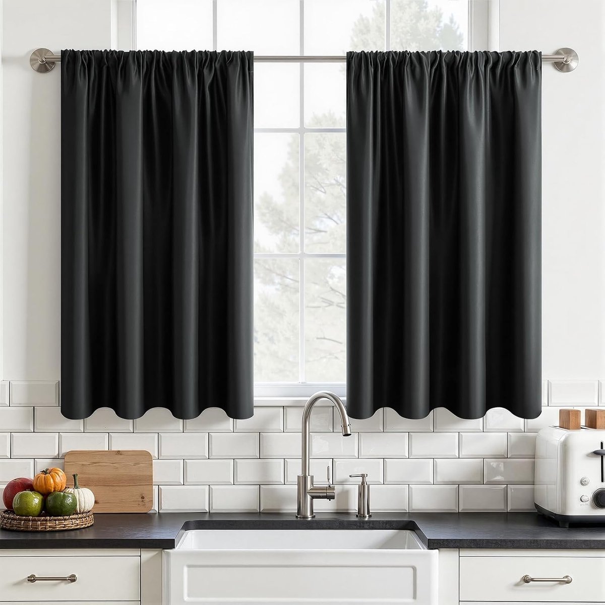 Waterdichte gordijnen voor keukenramen, verduisterende thermische roede zakgordijnen voor café, caravan, stapelbed, badkamer, 2 panelen 90 x 90 cm - houtskool