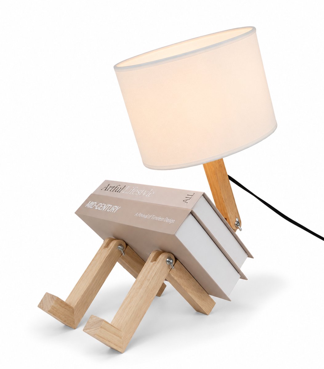 ZoeZo Tafellamp Houten Mannetje - Met Boekenhouder - Verstelbaar - Scandinavisch Design - Leeslamp