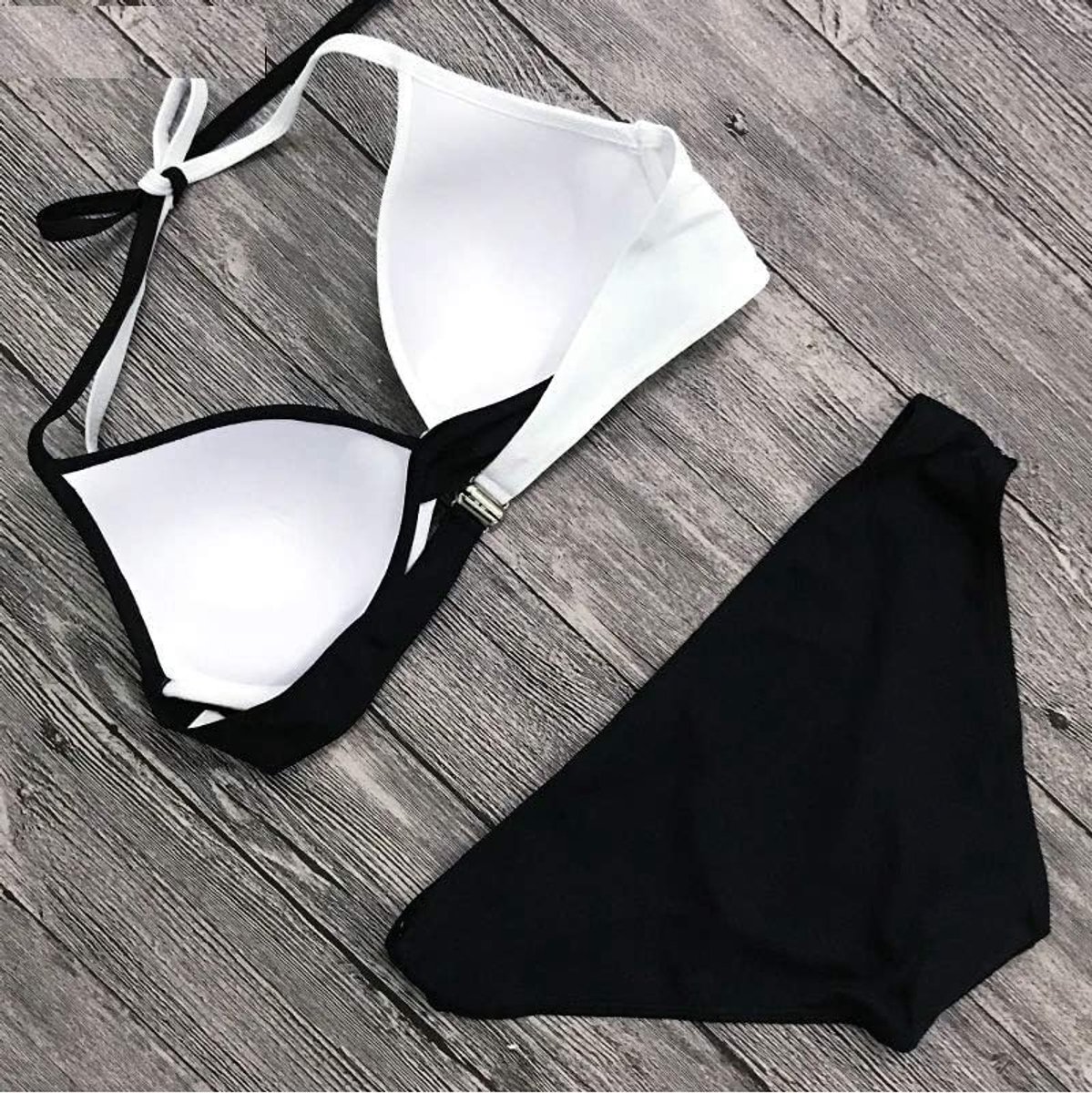 badpak voor dames, 2-delig, voor badkamer, meisjes, bikini, pasvorm, tweekleurig, gewatteerd – kleur wit zwart - - Medium