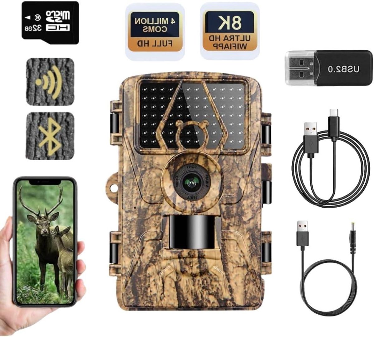 Wildcamera met WiFi - Nachtzicht Camera - Natuurlijk Leven Observeren - 8K Video en 60MP Foto's - 120° Groothoek