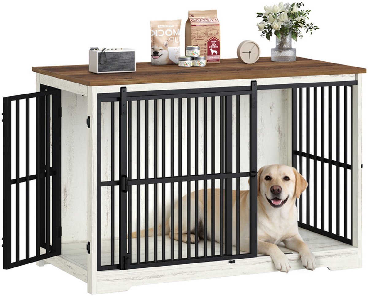 Hzuaneri 119 cm Hondenkooimeubel, Hondenbox, 2 Deuren, XXL Moderne Hondenkooi voor Binnen voor Middelgrote/Grote Honden, Bijzettafel, Versterkte Schuifdeur, 119 × 70 × 88 cm, Wit en Bruin