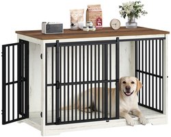 HILINSIE 119 cm Hondenkooimeubel, Hondenbox, 2 Deuren, XXL Moderne Hondenkooi voor Binnen voor Middelgrote/Grote Honden, Bijzettafel, Versterkte Schuifdeur, 119 × 70 × 88 cm, Wit en Bruin