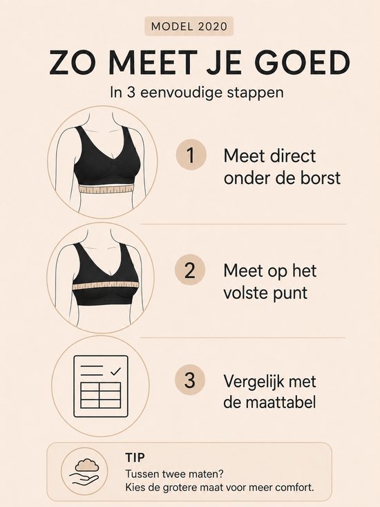 Hoe meet je de Comfy Bra: 1. Meet onder de borst. 2. Meet op volste punt. 3. Vergelijk met maattabel. Tip: kies grotere maat bij twijfel.