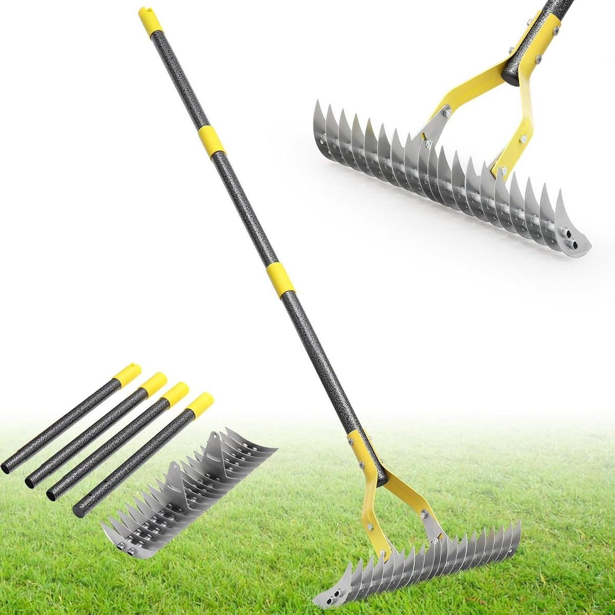 Rieten hark - Tuin hark - Gazon onderhoud - 19 stalen tanden - 140 cm - Grijs