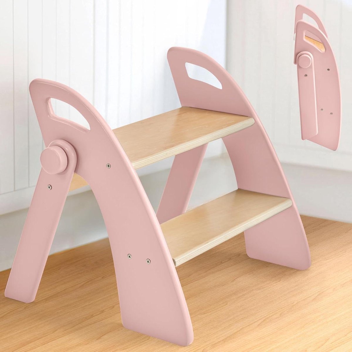 Opstapkruk Kinderen - Treden kruk baby - Onafhankelijkheid bevorderen - Opvouwbaar bamboe ontwerp - 2 treden - Roze