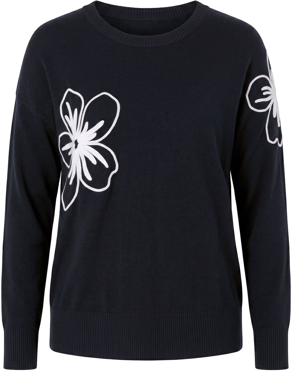MIAMODA - Dames - Trui loose fit bloemenapplicatie - Zwart - Maat 54+