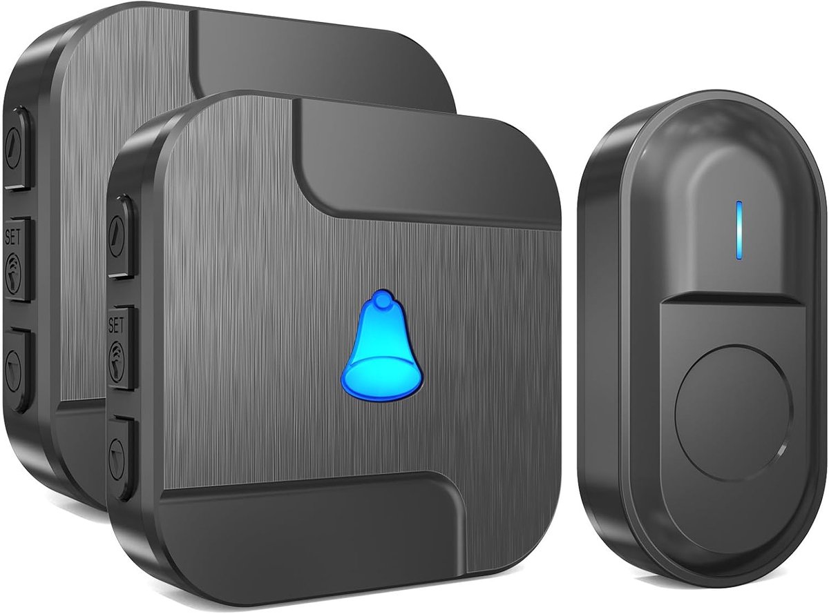 SnelShoppen - Draadloze Deurbel Set met 300 m Bereik, Waterdicht, 2 Plug-in Ontvangers, 55 Melodieën, 5 Volume Levels, LED Flitslicht, Zwart
