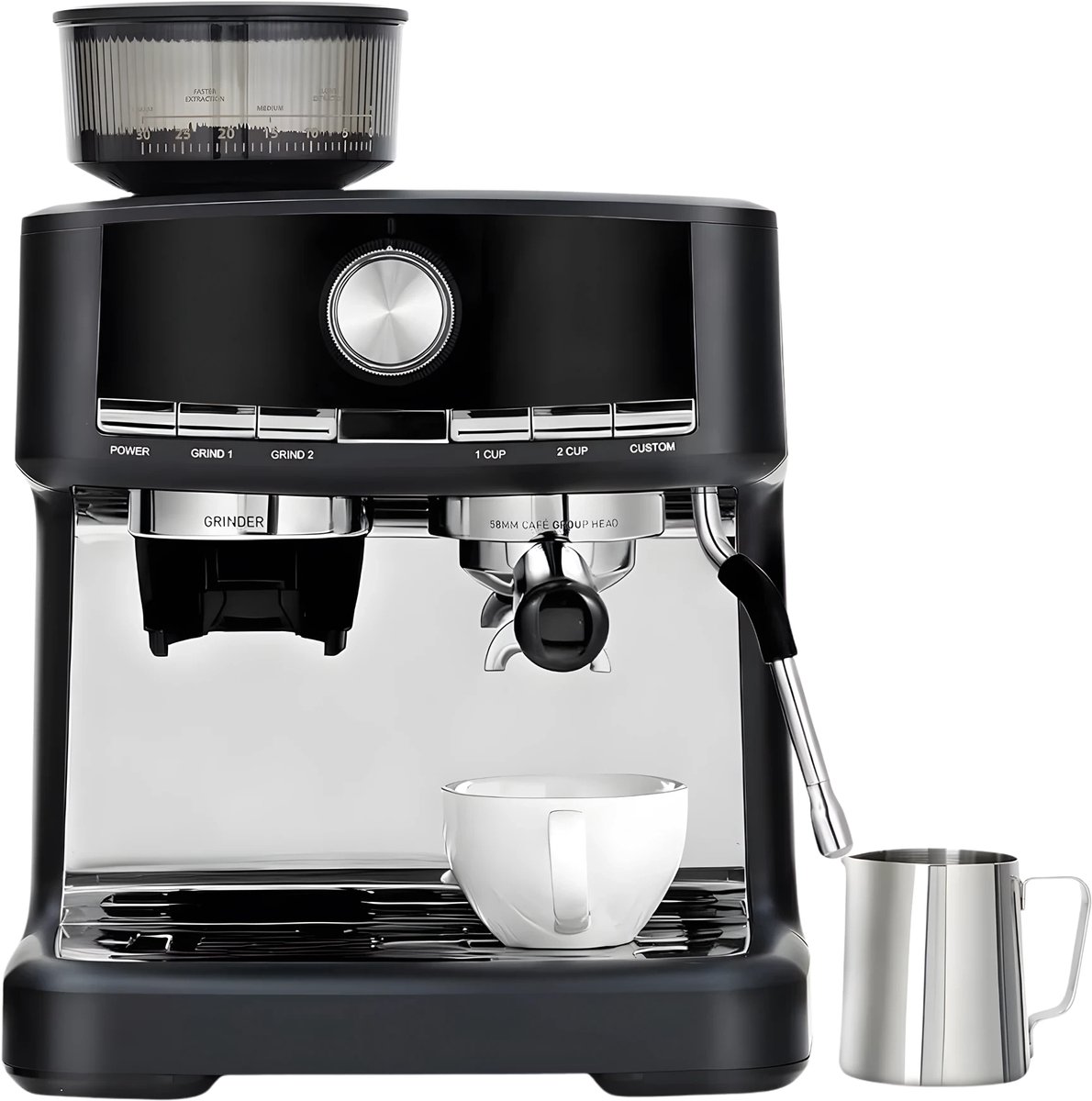 Espressomachine - Voor Thuis of Kantoor - Cappuccino- en Espressofunctie met Melkopschuimer - 15 bar, RVS, 30 Maalinstellingen - Zwart