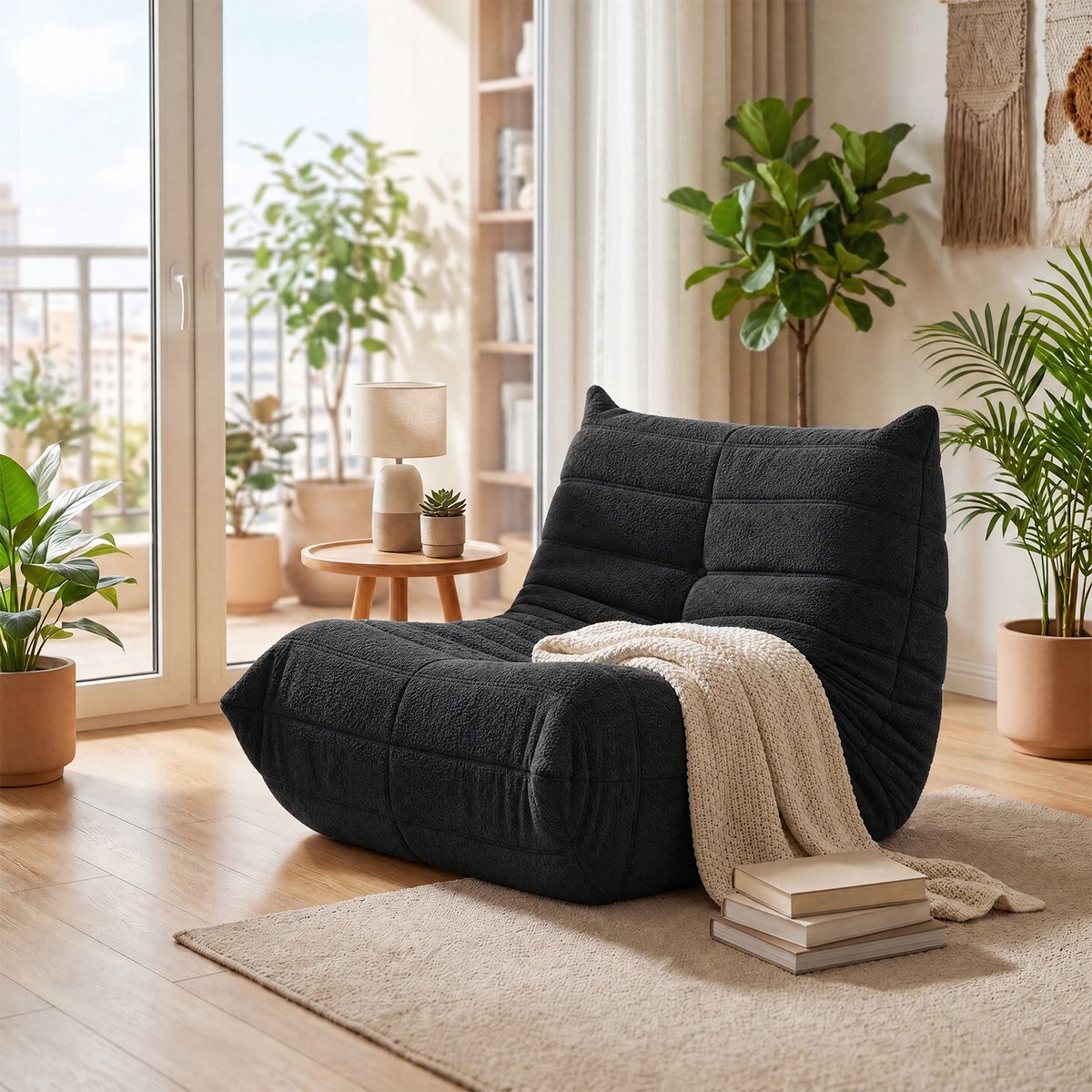 Bonenstoel - Relaxfauteuil - Lazy stoel - Teddy fleece zitzakstoel voor binnengebruik - Relaxstoel / loungefauteuil - Slaapkamer en woonkamer - Volwassenen en jongeren - Ergonomisch - Comfortabel - 105×88×80 cm - Zwart