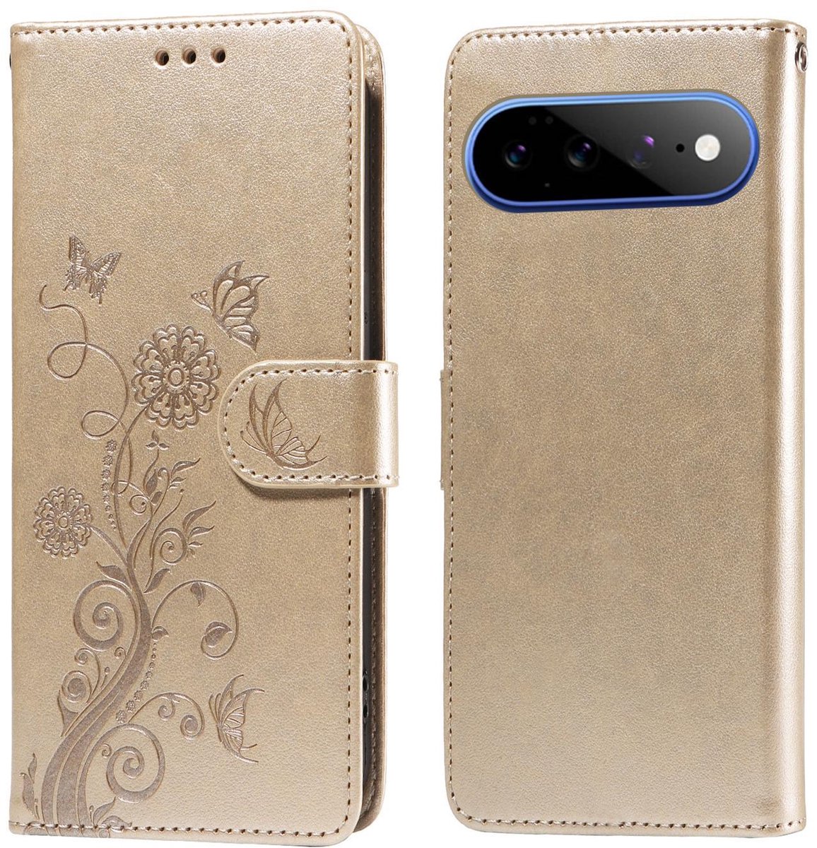 Mobigear Telefoonhoesje geschikt voor Google Pixel 11 Pro XL Hoesje | Mobigear Flowers Bookcase Portemonnee | Pasjeshouder voor 3 Pasjes | Telefoonhoesje voor Pinpas / OV Kaart / Rijbewijs - Goud