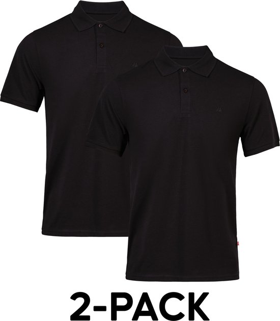 Twee zwarte poloshirts met korte mouwen, naast elkaar. "2-PACK".