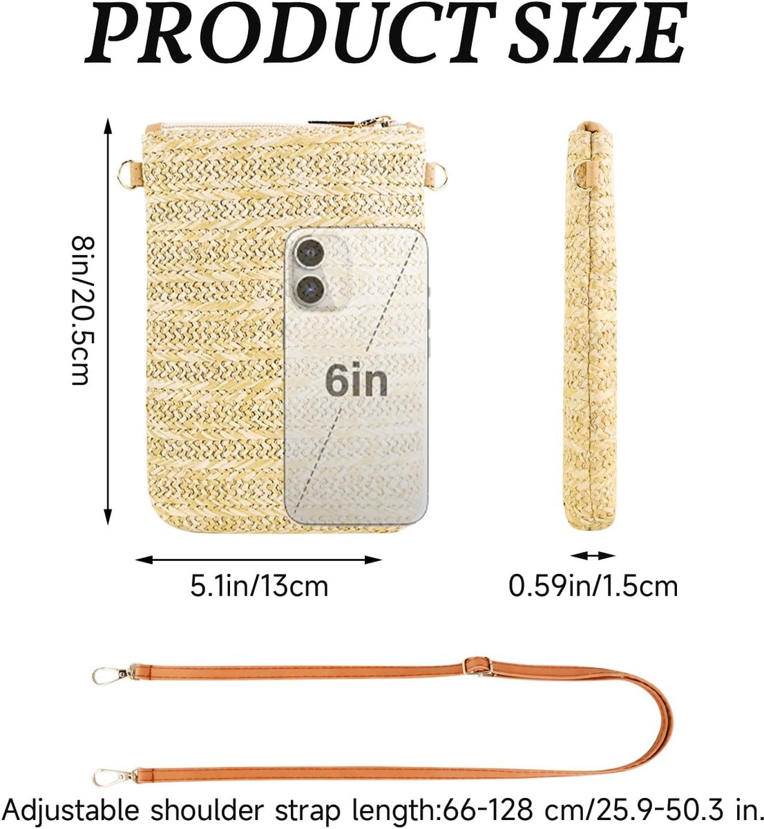 schoudertas, stro, mobiele telefoonhoes om om te hangen, voor dames en meisjes, draagbare mobiele telefoon schoudertas dames met ritssluiting voor strand, dating, reizen