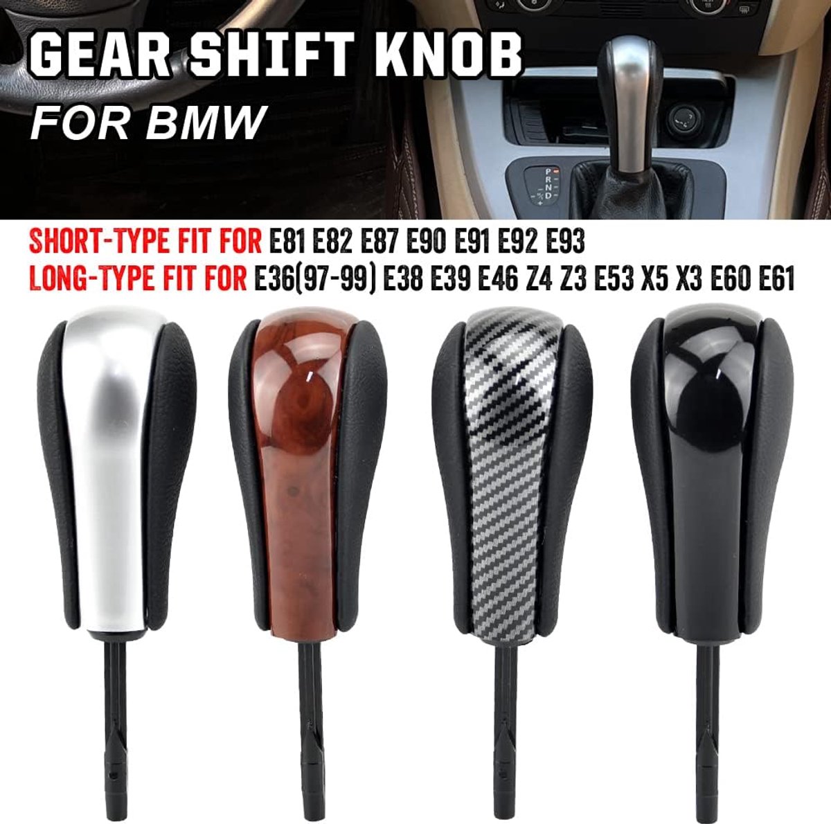 Type Zilveren Auto Automatisch bij Korte Lange Gear Stick Shift Gear Knop Compatibel met B-MW E81 E82 E87 E90 E91 E92 E93 E36 E38 E39 E46 Z4 Z3 E53 E60 X5 X3