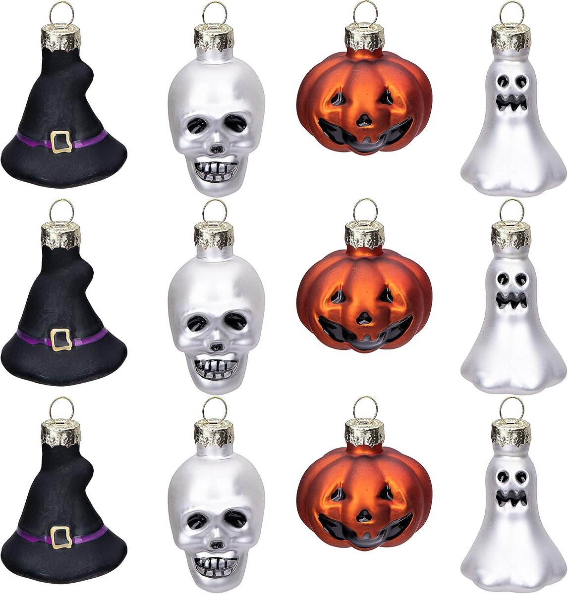 12 stuks Halloween glazen ornamenten-Halloween decoraties glas geblazen ornamenten met pompoen geest schedel heks hoed voor Halloween feest kerstboom woondecoratie