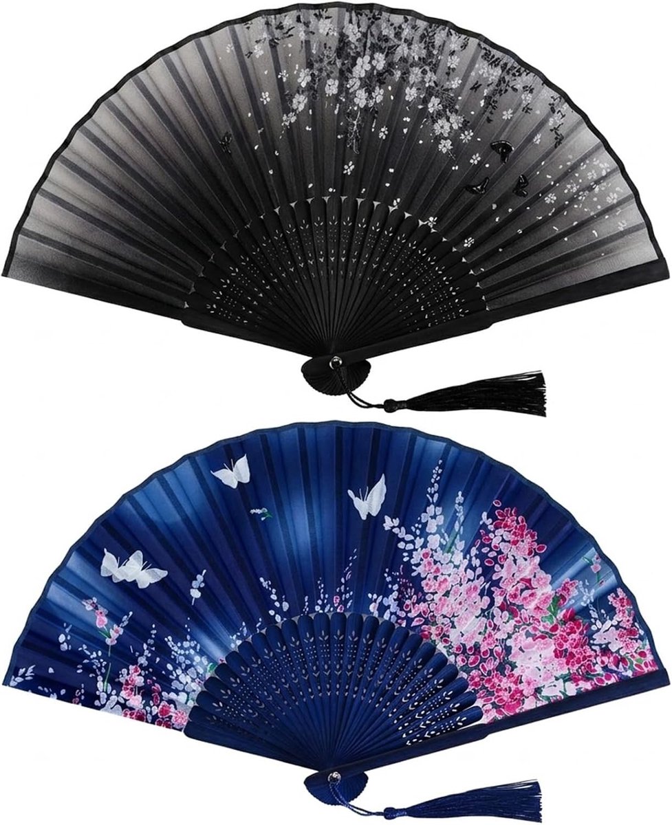 Vouwwaaiers in Chinese stijl, 2 stuks, waaiers van bamboe en zijde, met blauwe vlinder en pruimenbloesem, 21 cm, ideaal voor zomer, dans, decoratie en huwelijksgeschenken