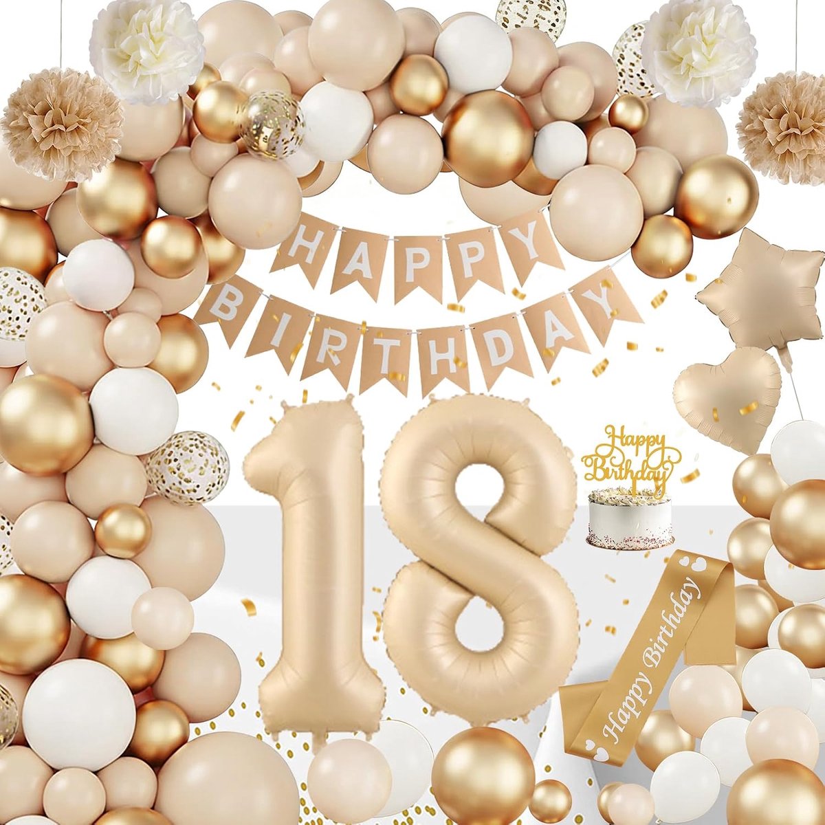 18e verjaardag decoratie meisjes, decoratie 18e verjaardag meisjes, verjaardagsdecoratie beige gouden ballonnen met Happy Birthday slinger ballon slinger pompons voor 18e verjaardag boho party