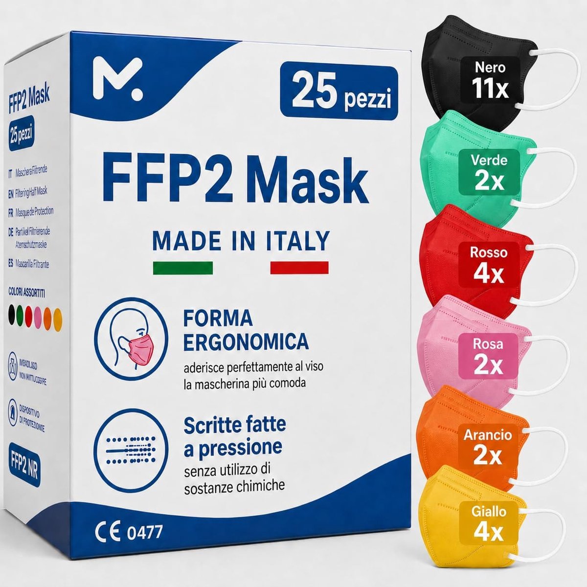 SnelShoppen - 20 Gekleurde FFP2 Mondmaskers CE 0598 Gecertificeerd, 6 Laags Ademend Beschermingsmasker, Hoge Filtratie BFE≥95 voor Dagelijks Gebruik,