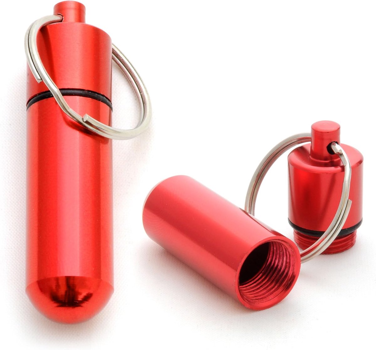 pillendoos als sleutelhanger, 2-delige set aluminium capsule met schroefsluiting en gummiring afdichting, compacte opbergkoker voor medicatie of kleine spullen, waterdicht, rood, hoogte 48 mm