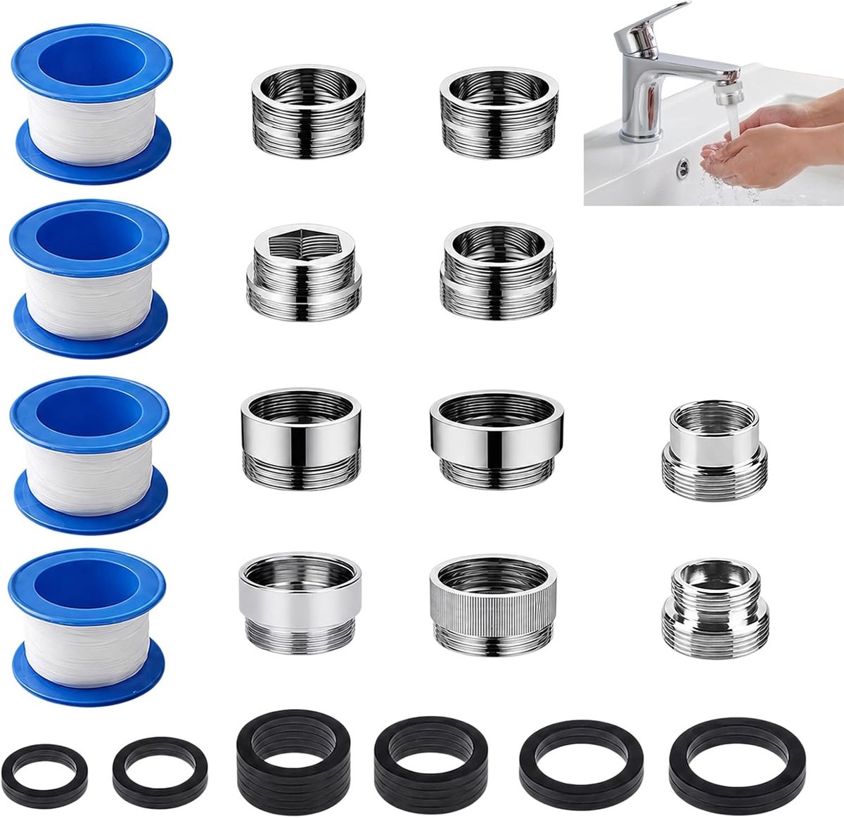 16 kraanadapter met afdichtingen, kraanslangaansluiting universeel met binnen- en buitendraad, dubbele adapter voor tuinslang, wastafel, keuken en tuin, messing, zonder gereedschap