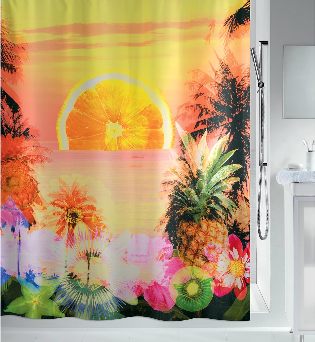 Spirella Sunset Paradise Douchegordijn 180x200 cm - Textiel Badkamergordijn Multicolour met Tropisch Design