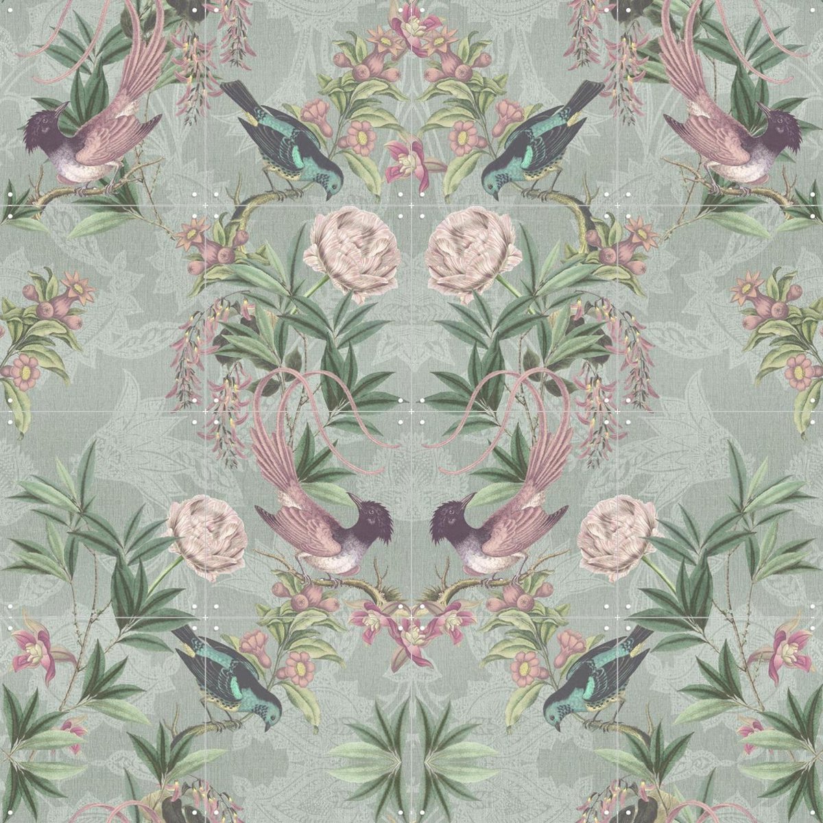 IXXI Rococo Birds and Flowers, Bloomery Decor - 80 x 80 cm - Gratis ophangtool - Grote wanddecoratie en posters - Art Nouveau, Retro, Decoratieve