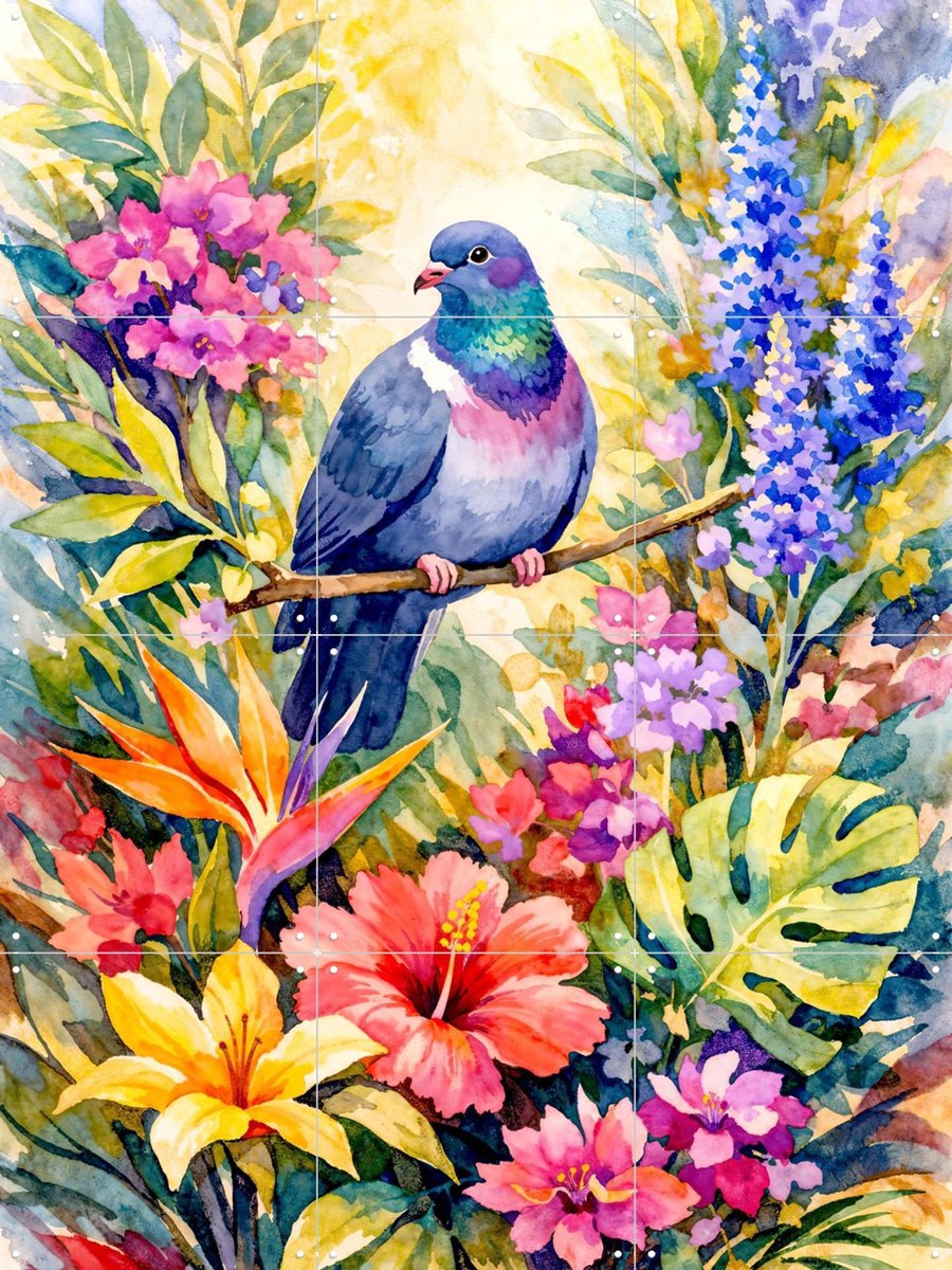 IXXI Duif Tussen Bloemen Jungle, Natalie Bruns - 60 x 80 cm - Gratis ophangtool - Grote wanddecoratie en posters - Aquarel, Kleurrijk, Fantasierijk