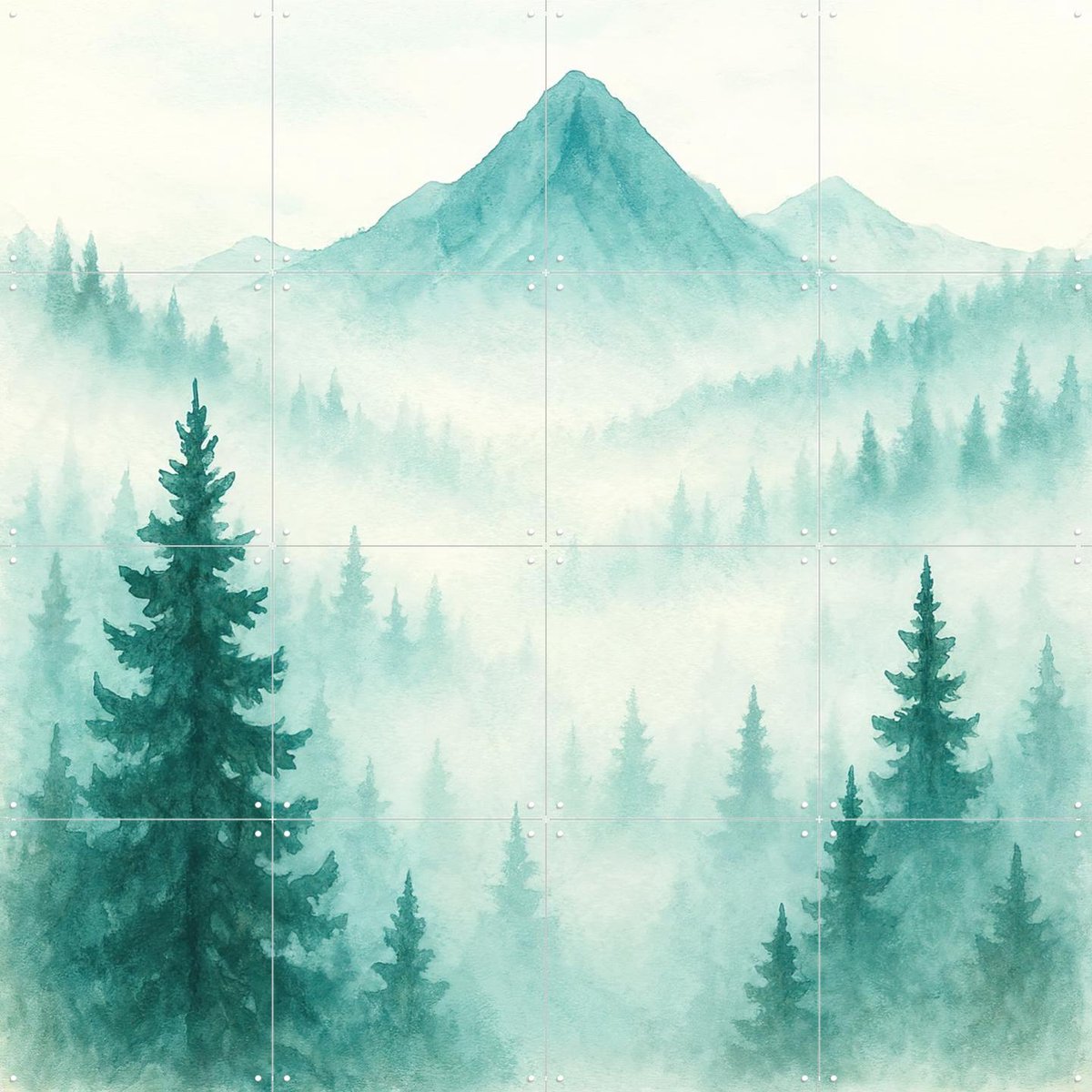 IXXI Dennenbos En Bergen In De Ochtendmist, Natalie Bruns - 80 x 80 cm - Gratis ophangtool - Grote wanddecoratie en posters - Aquarel, Gang