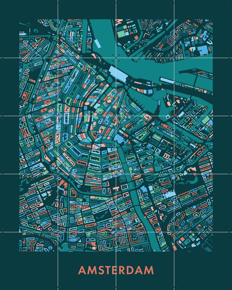 IXXI Amsterdam Mozaïek Teal, Kunst in Kaart - 80 x 100 cm - Gratis ophangtool - Grote wanddecoratie en posters - Modern, Kleurrijk, Digitale Kunst