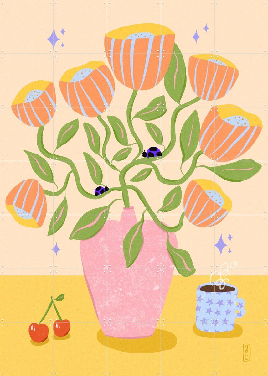 IXXI Dirkie Nell Retro Bell Flowers in a Vase Illustration, Dirkie Nell & Various - 100 x 140 cm - Gratis ophangtool - Grote wanddecoratie en posters