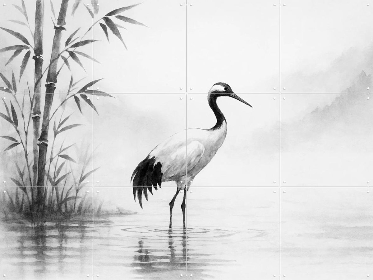 IXXI Kraanvogel in de Ochtendmist, Natalie Bruns - 80 x 60 cm - Gratis ophangtool - Grote wanddecoratie en posters - Tekeningen, Minimalisme