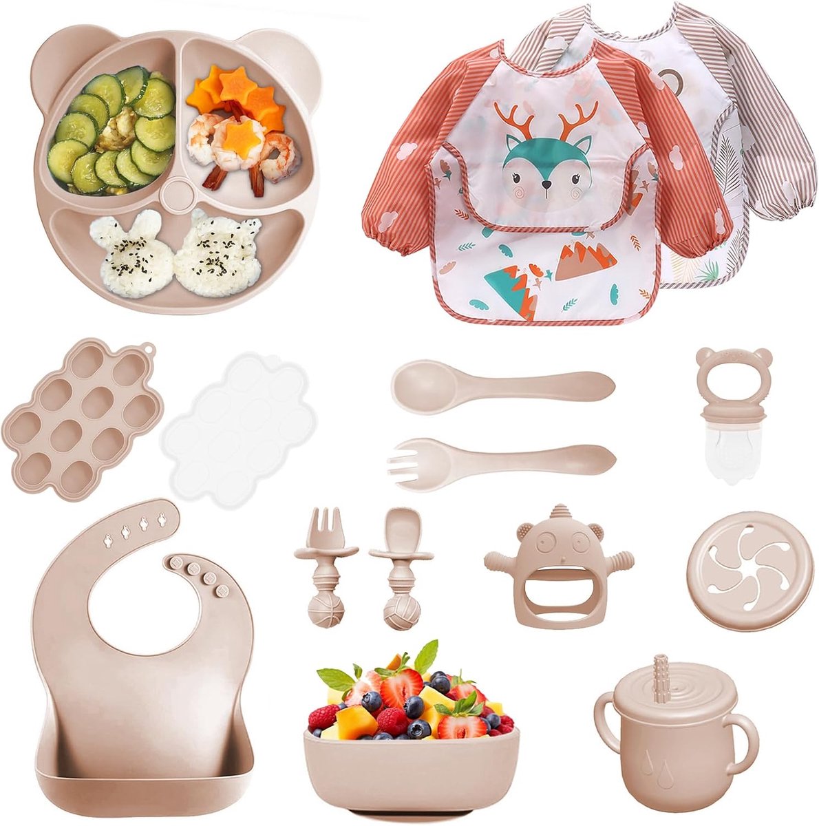 SnelShoppen - 14-delige set voor babyvoeding, siliconen spennenset met bord met zuignap, kom, bekers, slabbetje, lepel en bestekset voor kinderen in b