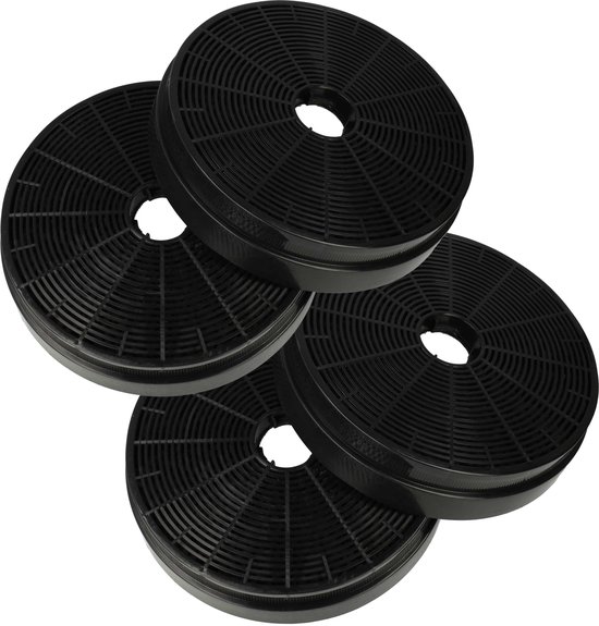 Vier zwarte, ronde afzuigkapfilters, gerangschikt in een groep op een witte achtergrond.