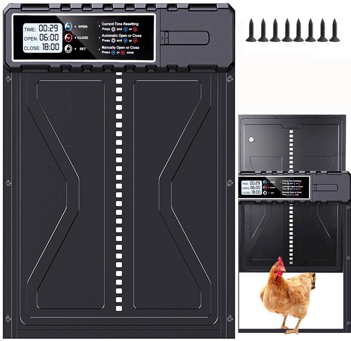 Automatische kippenklep, kippendeur met timer, intelligente klembescherming, elektrische kippenklep, aluminiumlegering, automatisch/handmodus, kippendeur, programmeerbaar waterdicht LCD-scherm