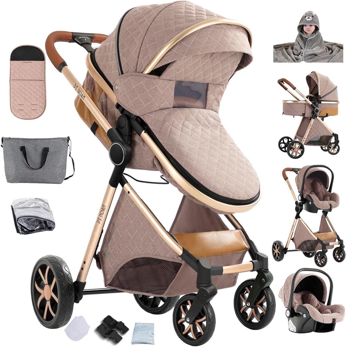 3-in-1 Kinderwagen - Reiswieg Kinderwagen - Comfortabel Reizen - Omkeerbaar Zicht - 82 x 61 x 105 cm - Khaki