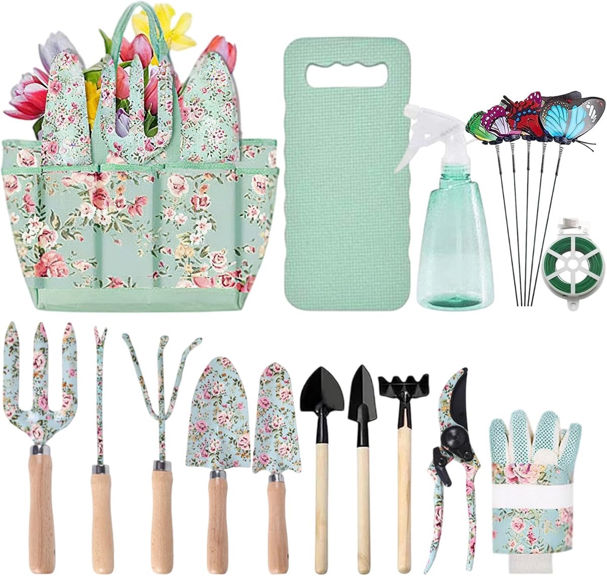 15-delig tuingereedschap voor vrouwen met tuintas, kniebeschermers, handschoenen, tuinschaar, troffel, cadeaus voor tuinliefhebbers