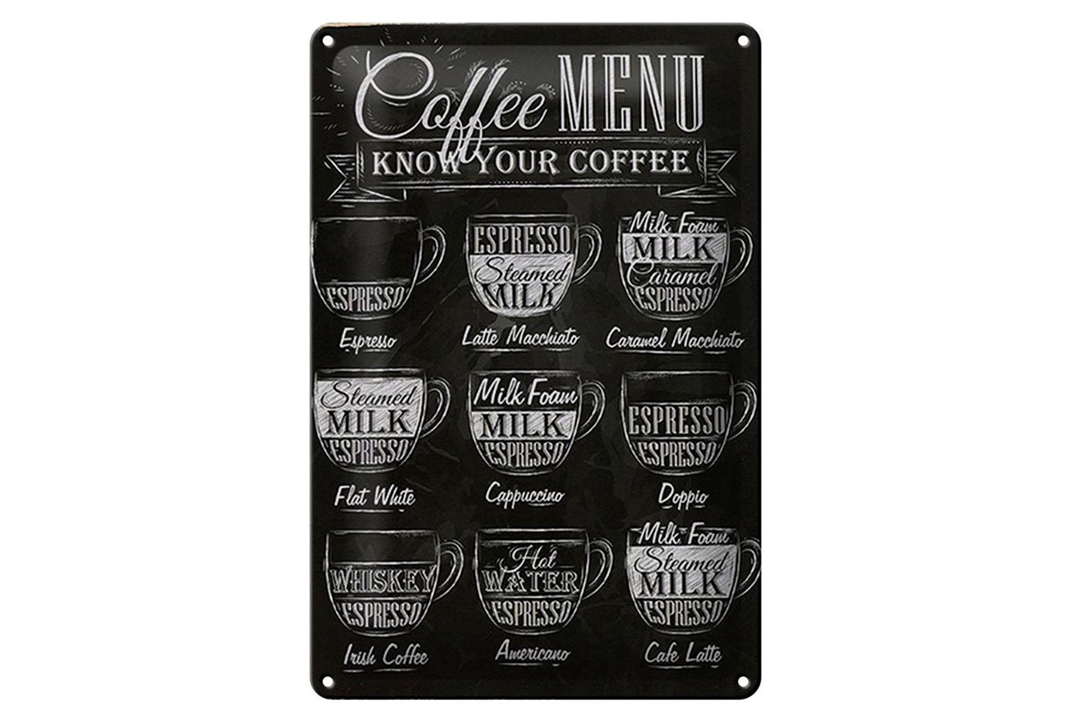 Blechschild Kaffee 20x30cm Coffee Menu Espresso Latte Flat