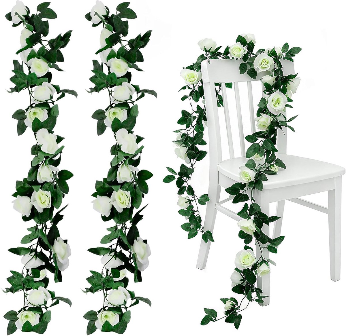 SnelShoppen - 2 Pack Kunstbloemen Slinger Witte Rozen Klimop Hangen Decoratie voor Bruiloft Tuin Feest