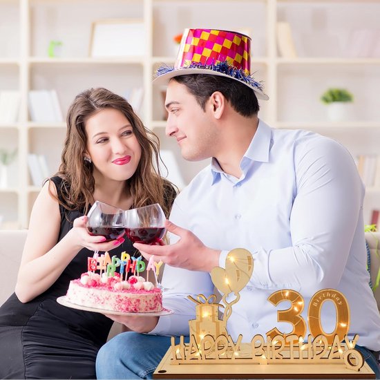 30 jaar geschenken, geldgeschenk verjaardag 30 met LED-lichtsnoer, 30e verjaardag, decoratie, wenskaart voor 30e verjaardag, gastenboek gemaakt van hout, cadeaus voor 30e verjaardag heren dames — afbeelding 4
