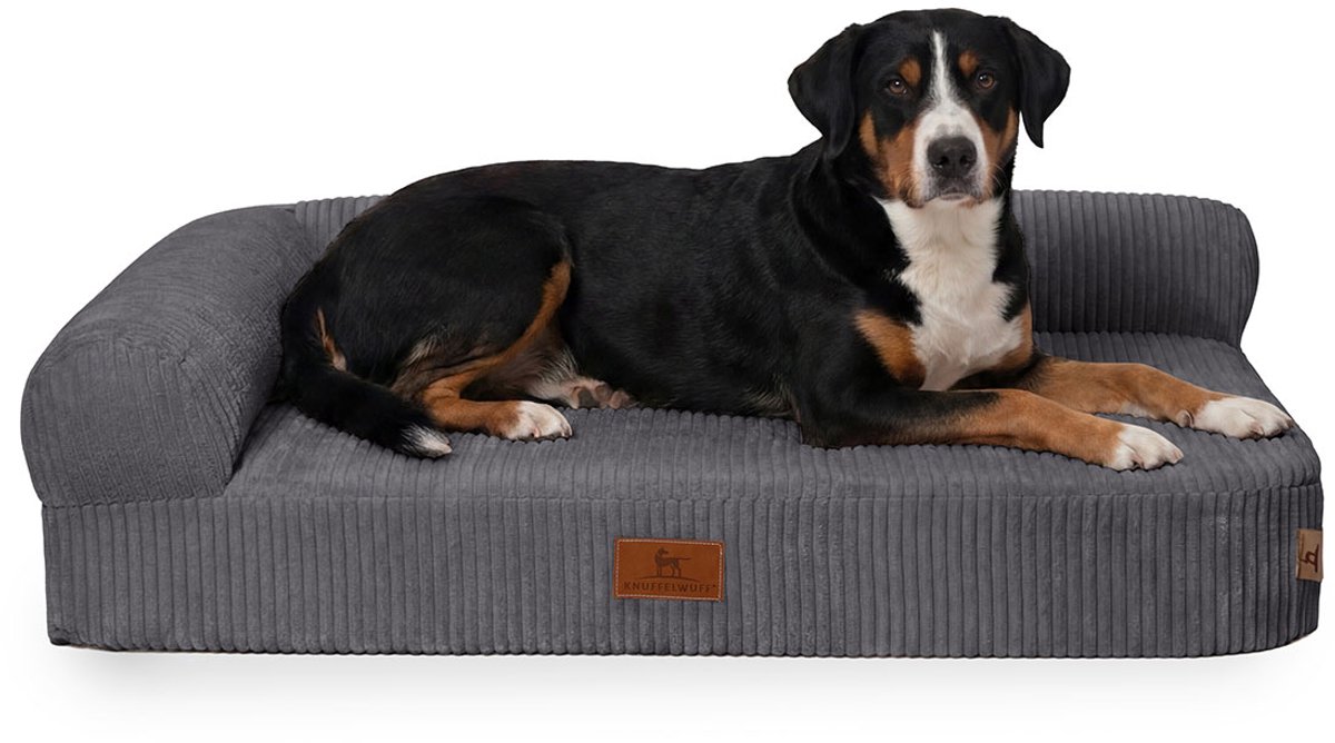 Knuffelwuff orthopedisch hoekhondenbed Cortland van ribfluweel XXL 120 x 80cm Leuning links Grijs