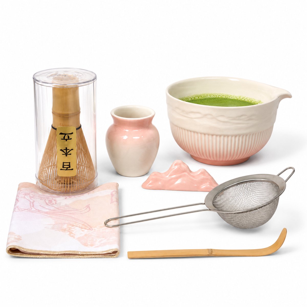 ZoeZo Matcha Set 7-delig - Complete Matcha Starterskit met Keramische Kom - Bamboe Matcha Klopper, Lepel, Zeef, Houder - Cadeauset - Roze