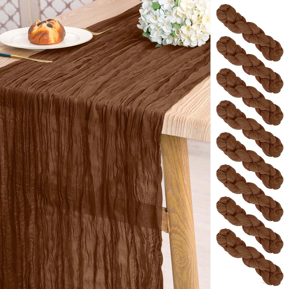 8 stuks kaasdoek, tafelloper bruin, 3 m lange semi-doorschijnende rustieke boho tafellopers voor bruiloft, bruidsdouche, feest, banketdecoratie (55 x 304 cm)