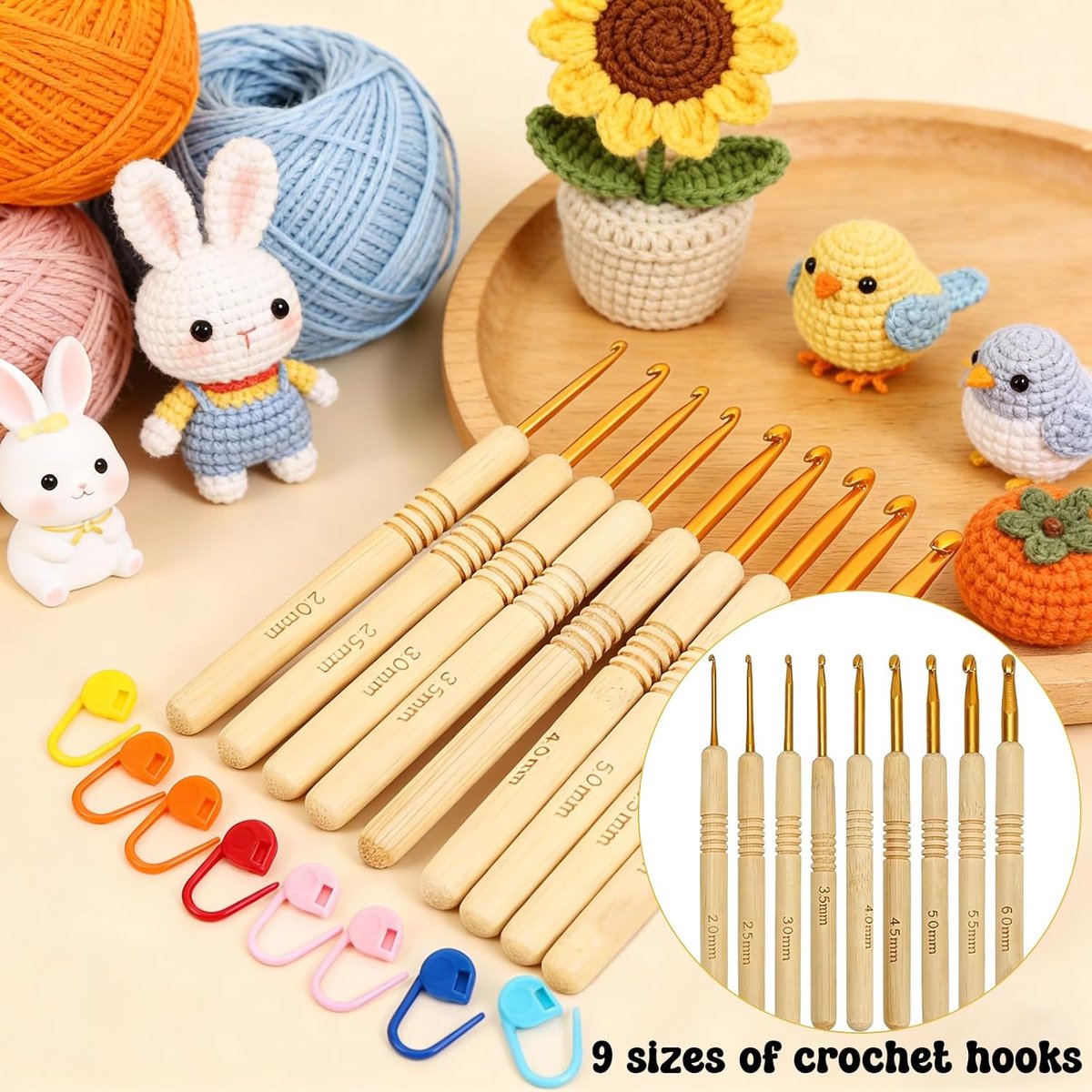 Haaknaaldset, 2,0-6,0 mm, 9-delige haakset, haaknaalden met 120 steekmarkeringen, doe-het-zelf handbrei-gereedschap voor beginners, comfortabele grip, haaknaalden, breinaalden, kit