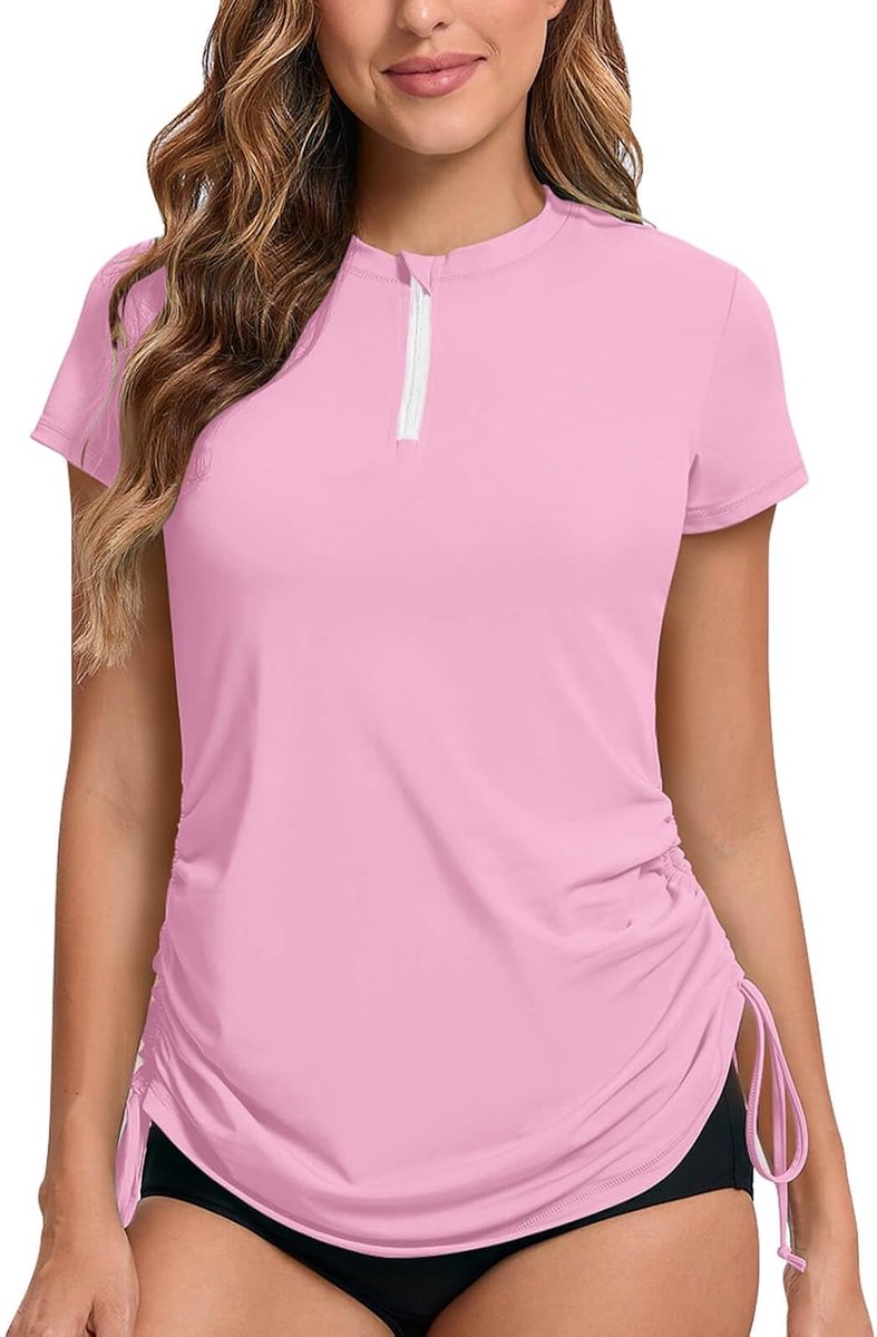 Rash Vest Korte Mouw Rash Guard 1/4 Zip Front UV Swim Top Sneldrogende Zwemshirts Verstelbare Zoom UPF 50+