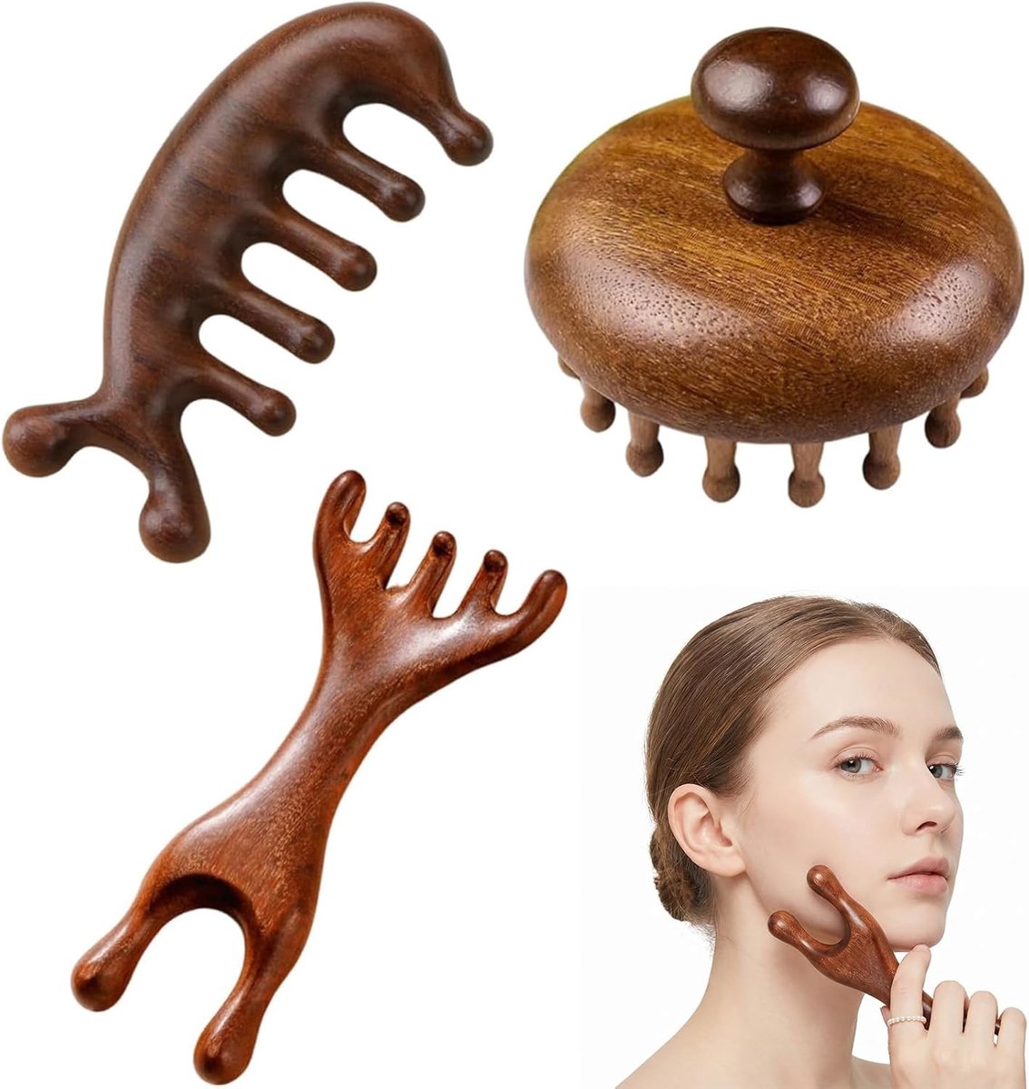 3 Houten Hoofdhuid Massageborstel, Scalpmassage Kam - Voor Ontspannende Hoofdhuidverzorging, Massagegereedschap voor Thuis of Onderweg