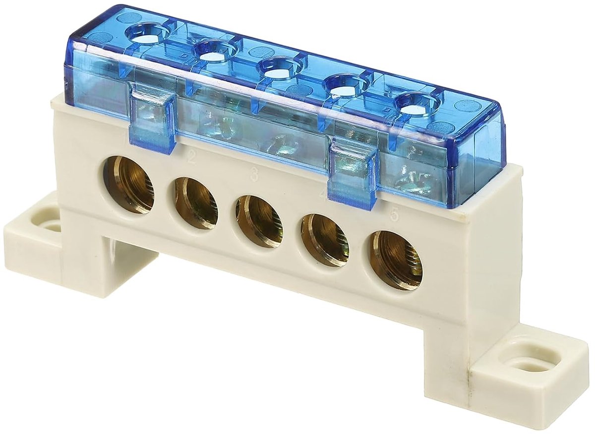 Aardingsstrip, klemlijst van messing met 5 posities en schroeven, aardingsblok 9 x 14 mm, voor apparaten, verdeeldoos, blauw