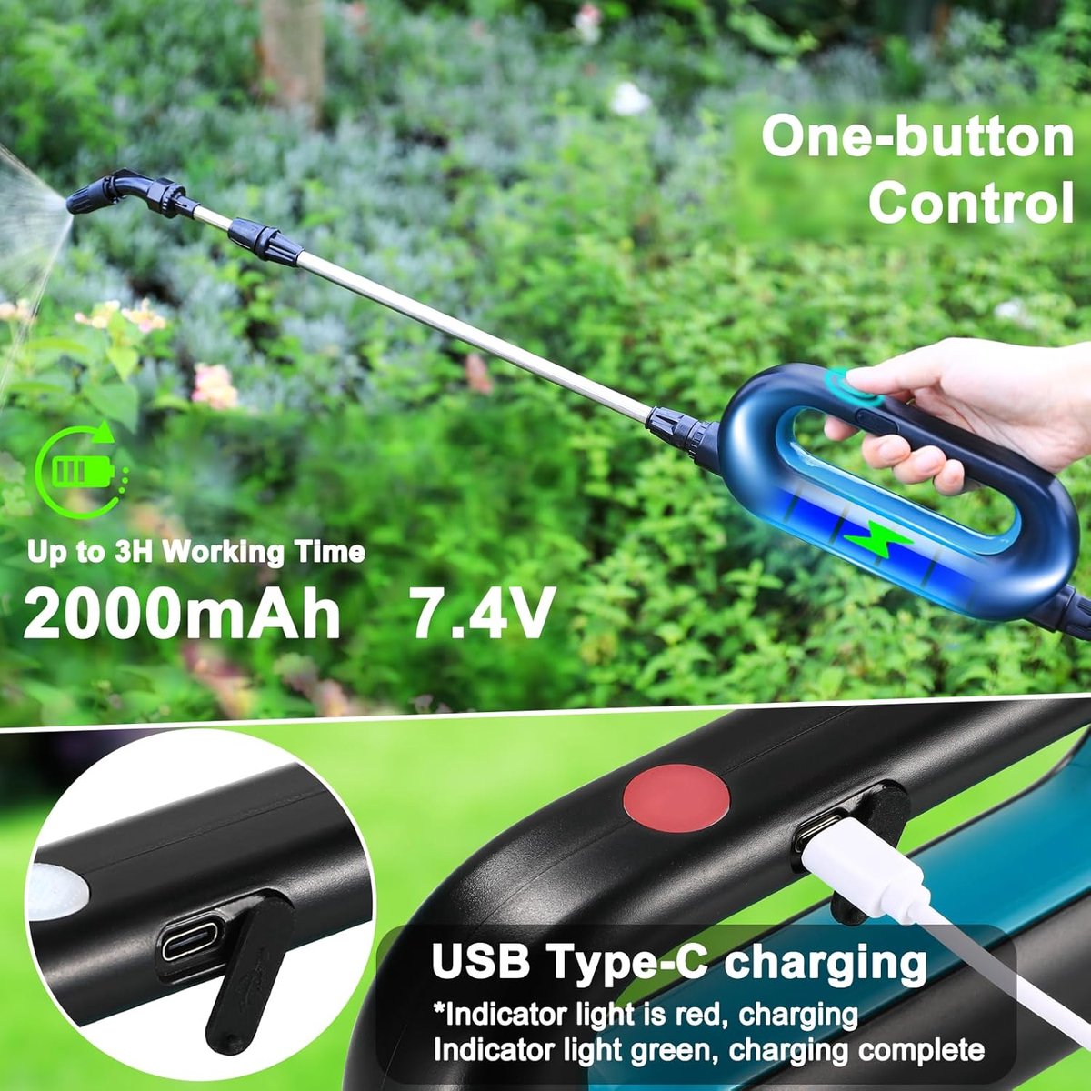 Elektrische Plantenspuit, Batterij Aangedreven Spuit met 3 Nevelsproeiers, USB-oplaadbare handgreep, Druksproeier voor Tuinspuit, Onkruidspuit en Watersproeier