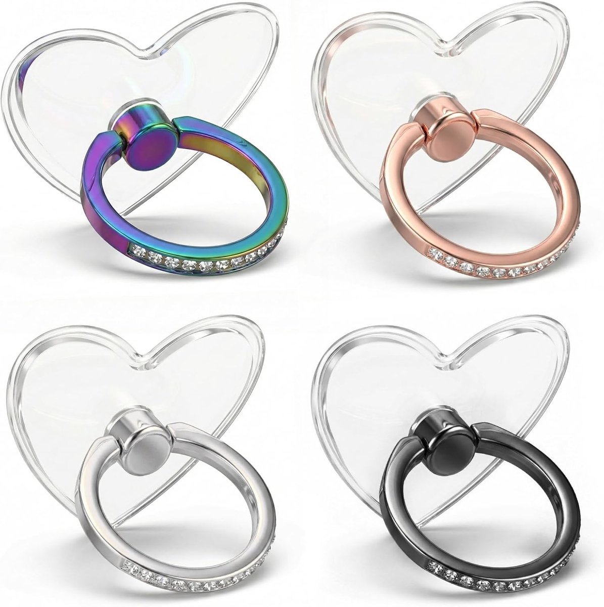 4 stuks ringhouder voor mobiele telefoon, telefoonhoesring, hart, bling, diamant, ringhouder, grip met strass vingergreep, 360° rotatie, compatibel met smartphonehoesje, gekleurd
