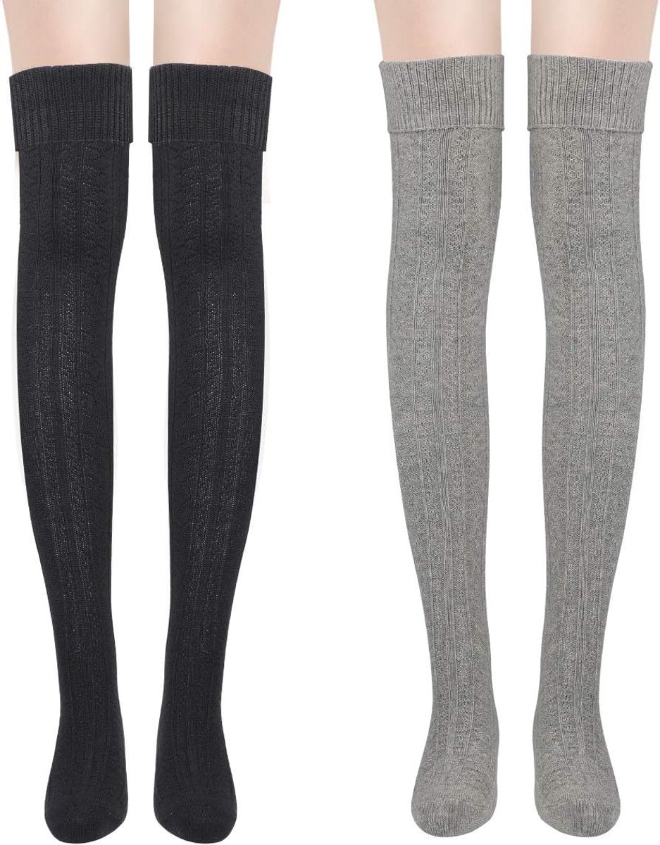 Kniekousen, 2 paar meisjes overknee-kousen retro scholieren gebreide winter lange katoenen sokken, zwart+lichtgrijs