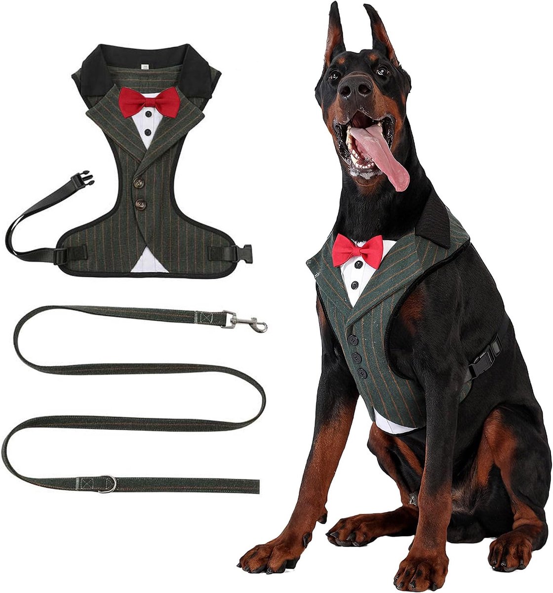jurk gentleman hondenkleding voor middelgrote tot grote honden, formeel gestreept hondenpak met rode vlinderdas, hondenbruiloftsfeestpak voor bruiloft, verjaardag, kostuums (gestreept, L)